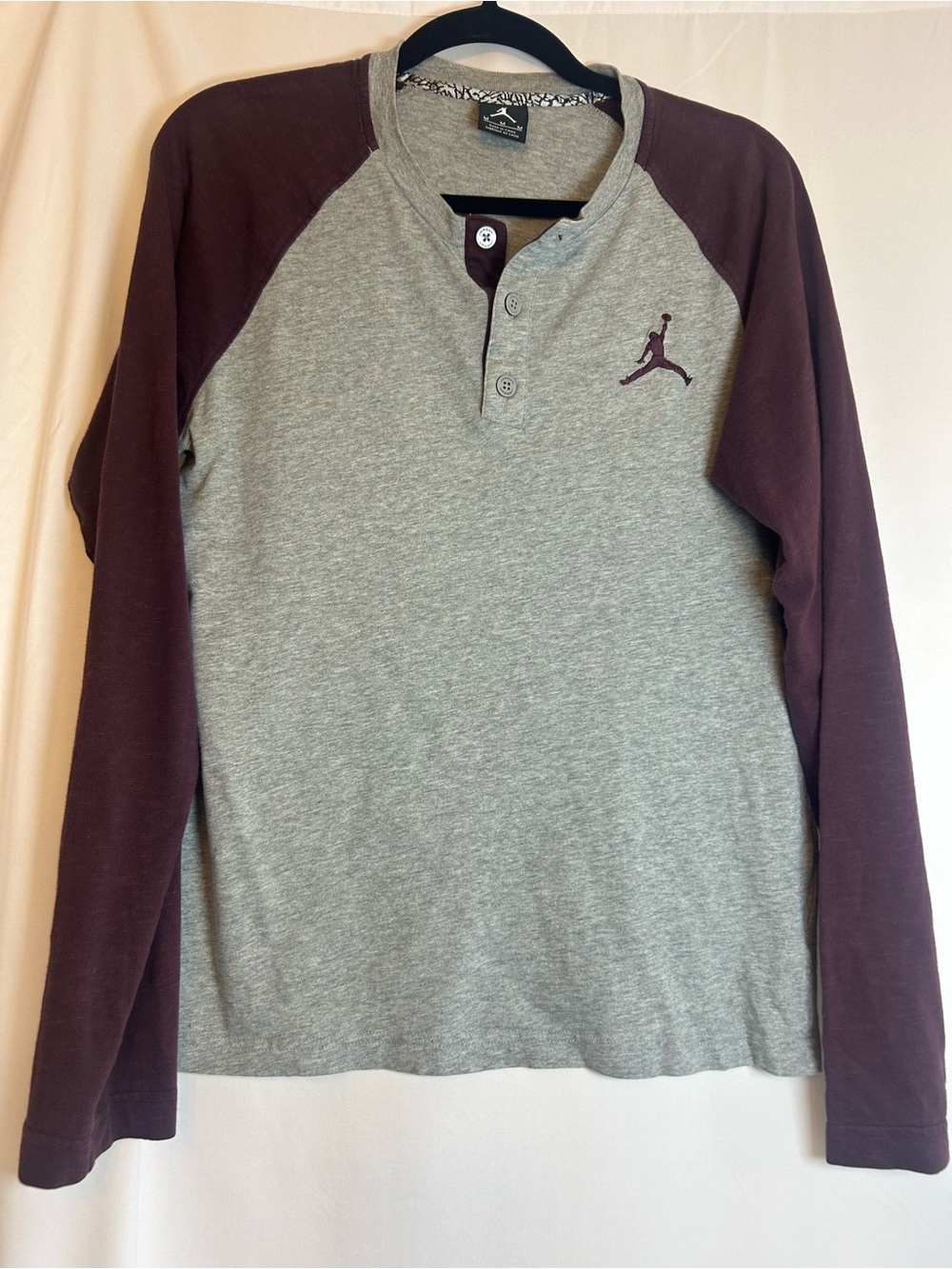Vintage Jordan Grey Body with Maroon Raglan Henley Long Sleeve Shirt
